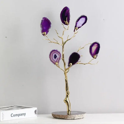 Purple and teal agate tree metal handicraft with gold-toned branches and stone base for living room decor