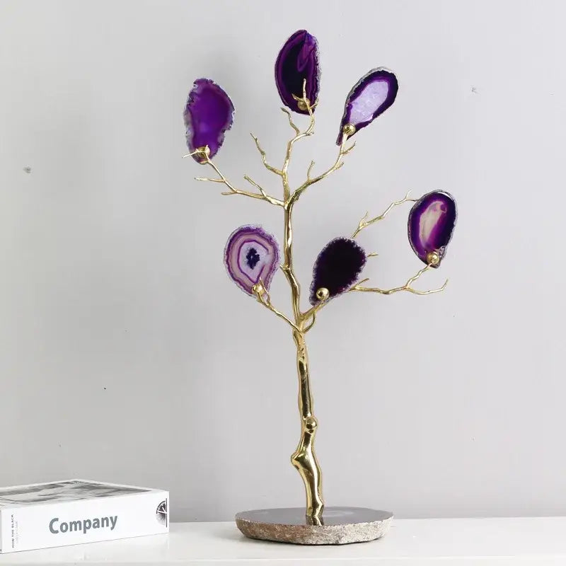 Purple and teal agate tree metal handicraft with gold-toned branches and stone base for living room decor