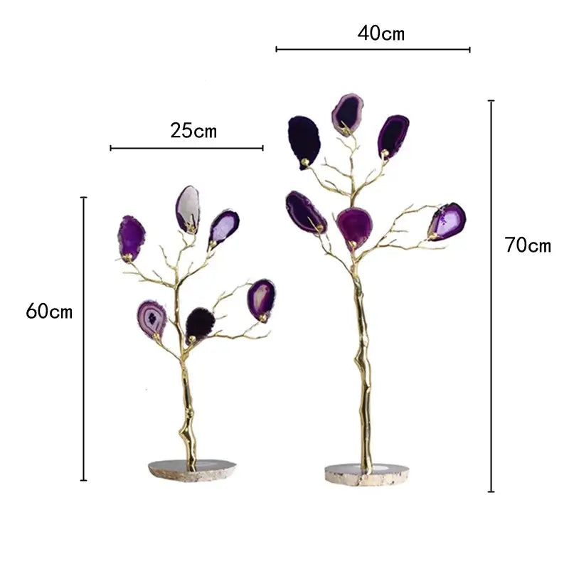 Two elegant purple agate tree metal handicraft sculptures with gold-toned branches and stone bases for living room decor