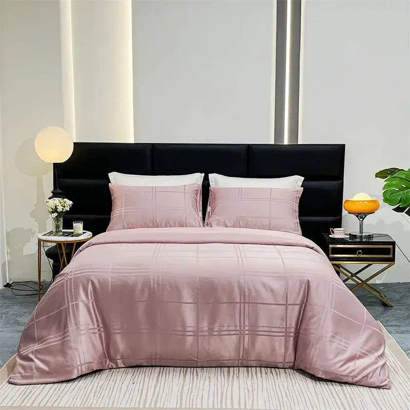 Purple zebra print satin duvet cover set featuring a pink satin duvet cover with a subtle grid pattern for luxury bedrooms