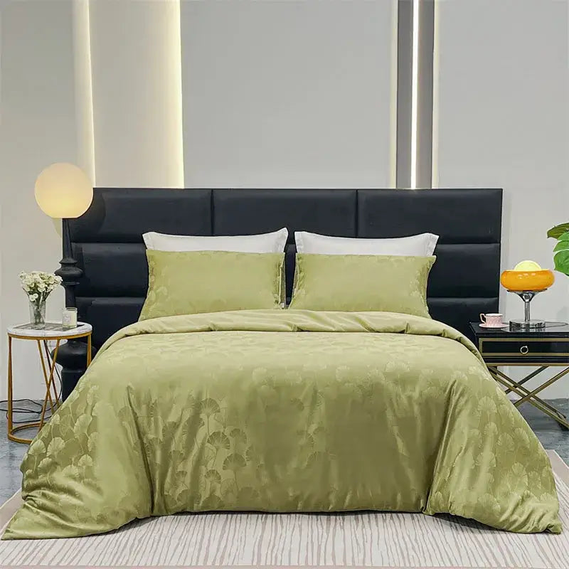Olive green satin duvet cover set with subtle leaf pattern as part of the purple zebra print satin duvet cover set bedroom luxury quilt kit