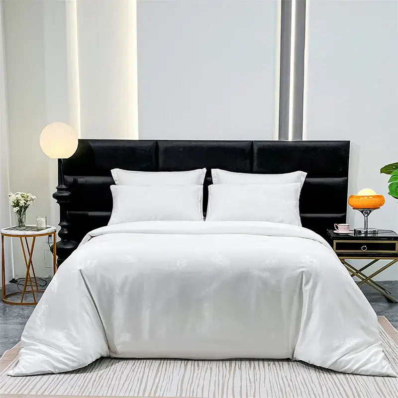 White satin duvet cover set with subtle sheen and soft folds for luxury purple zebra print quilt kit bedroom use