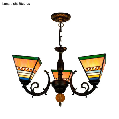 Pyramid Chandelier Retro Style with Stained Glass - 3 Bulb Inverted Light for Living Room