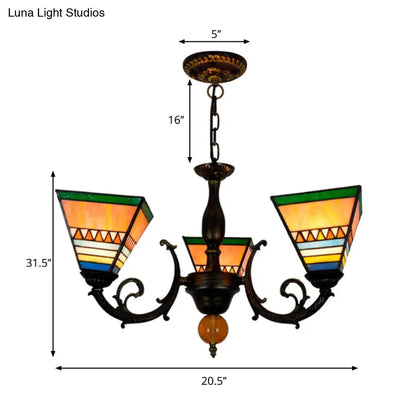 Pyramid Chandelier Retro Style with Stained Glass - 3 Bulb Inverted Light for Living Room