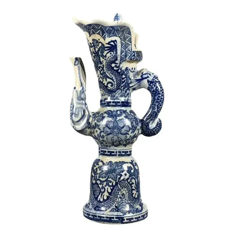 Qing blue and white dragon pattern porcelain pitcher with intricate hand-painted white dragon design for living room decor