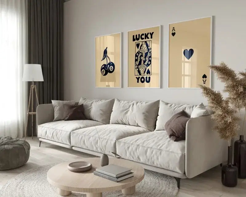 Beige modern sectional sofa with plush cushions and dark brown accent pillows beside decorbites retro queen wall art set