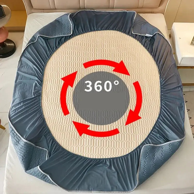 Quilted blue latex fitted sheet set with beige 360-degree rotating mattress pad and elastic edge for cooling comfort