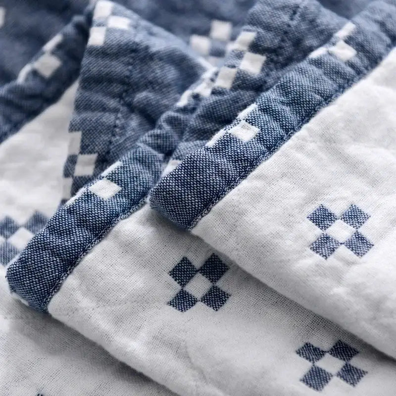 Blue and white checkered decorbites cotton summer blanket with soft textured weave for bedroom bedspread use