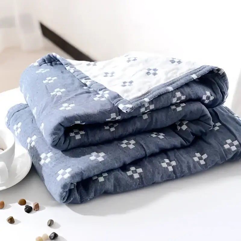 Stacked navy blue decorbites cotton summer blanket with white crosshatch pattern for bedroom bedspread decor