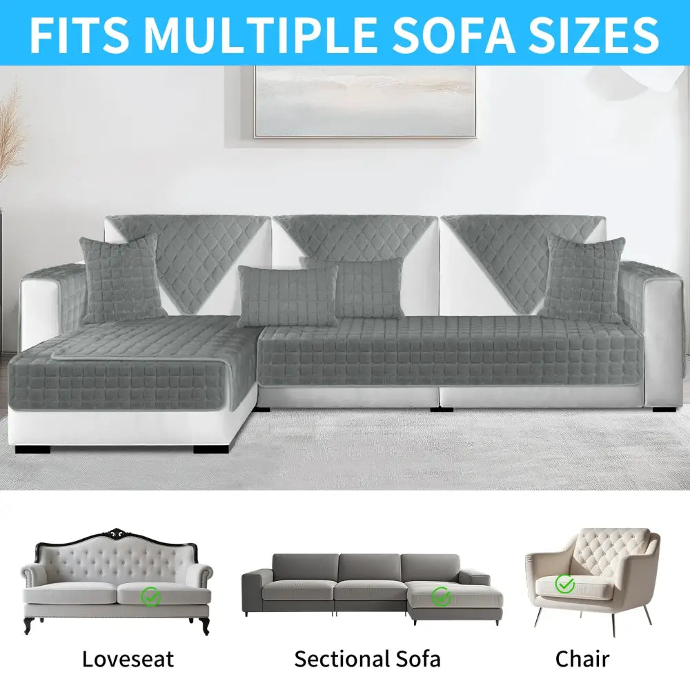Quilted gray plush sofa cover with diamond stitching pattern non slip slipcover for living room sofas