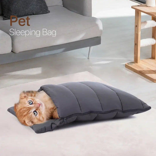 Gray quilted soft cat cave bed with a fluffy orange cat inside washable pet hideaway for bedroom use