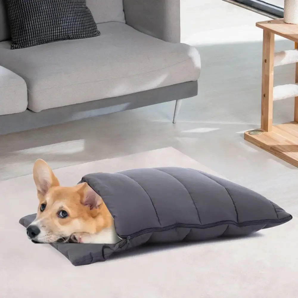 Gray quilted soft cat cave bed with washable fabric and a corgi peeking from inside for pet hideaway use