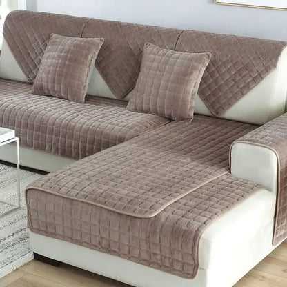 Beige quilted velvet sofa cover with matching square pillows from quilted gray and tan faux fur sofa cover set