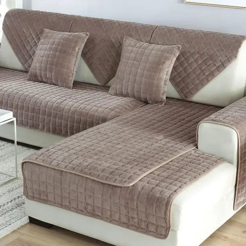 Beige quilted velvet sofa cover with matching square pillows from quilted gray and tan faux fur sofa cover set
