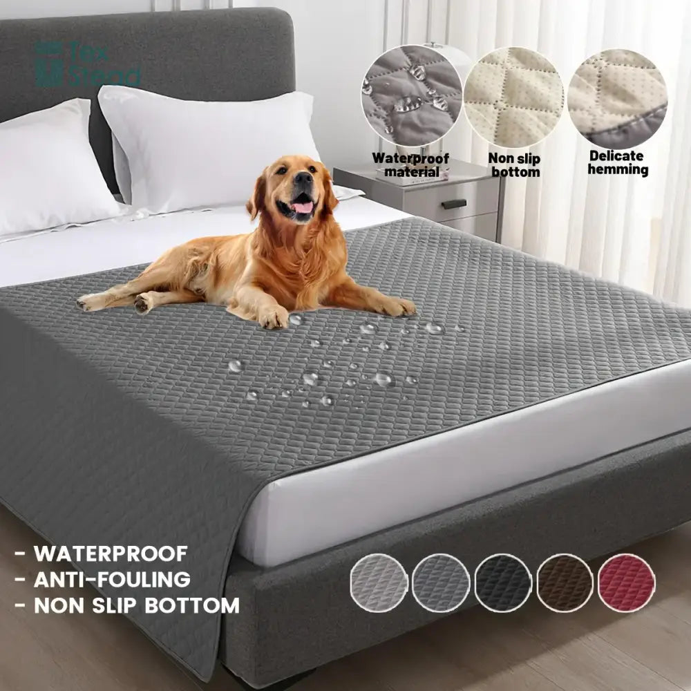 Gray quilted waterproof dog bed cover with diamond pattern and non slip bottom for secure bed protection