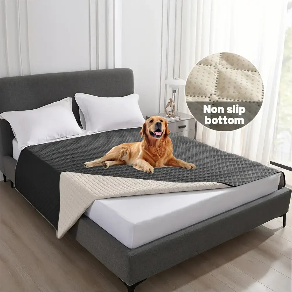 Black and cream quilted dog bed cover with waterproof material and non slip bottom for secure pet bedding