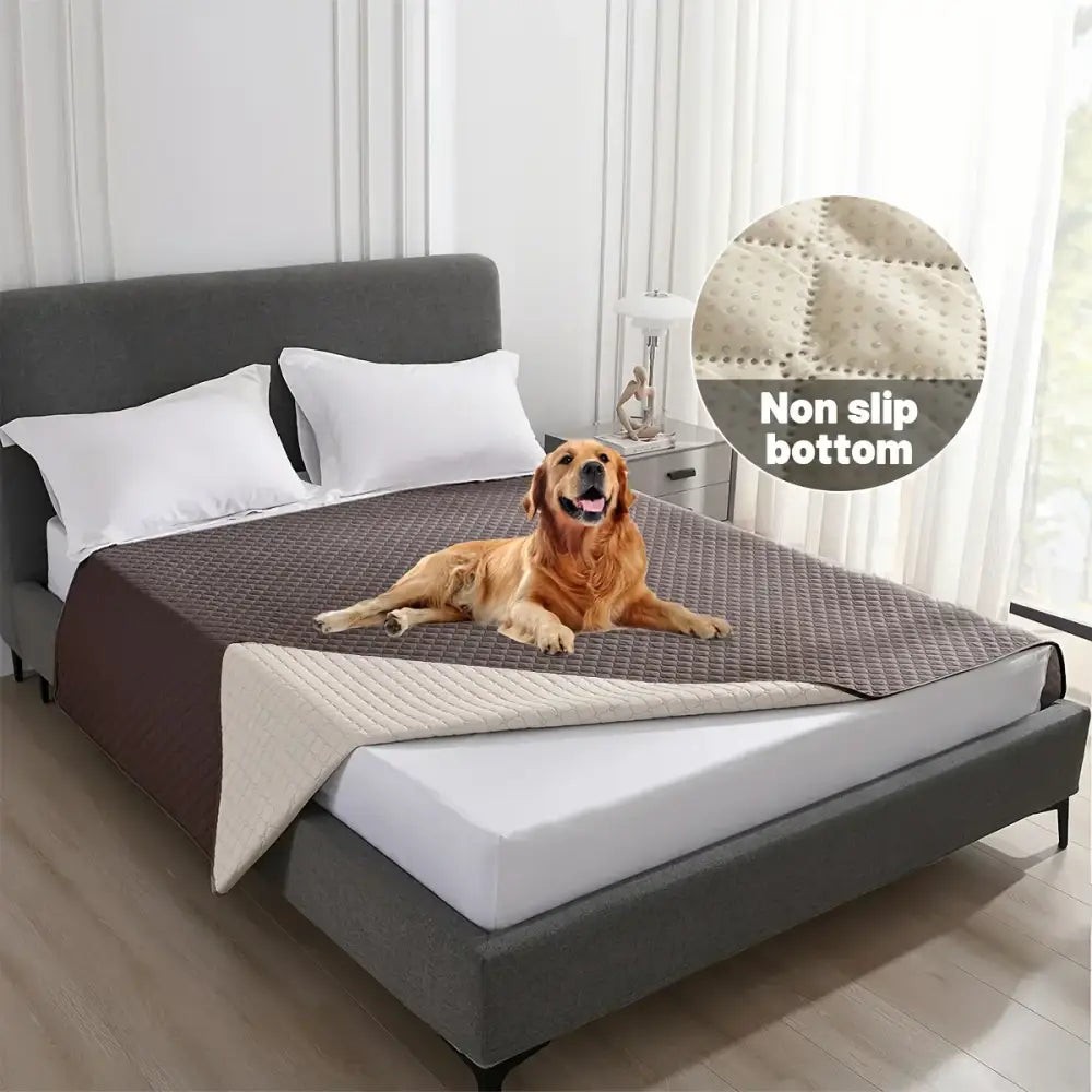 Brown quilted dog bed cover with non slip bottom designed as a waterproof dog bed pad for bedroom use