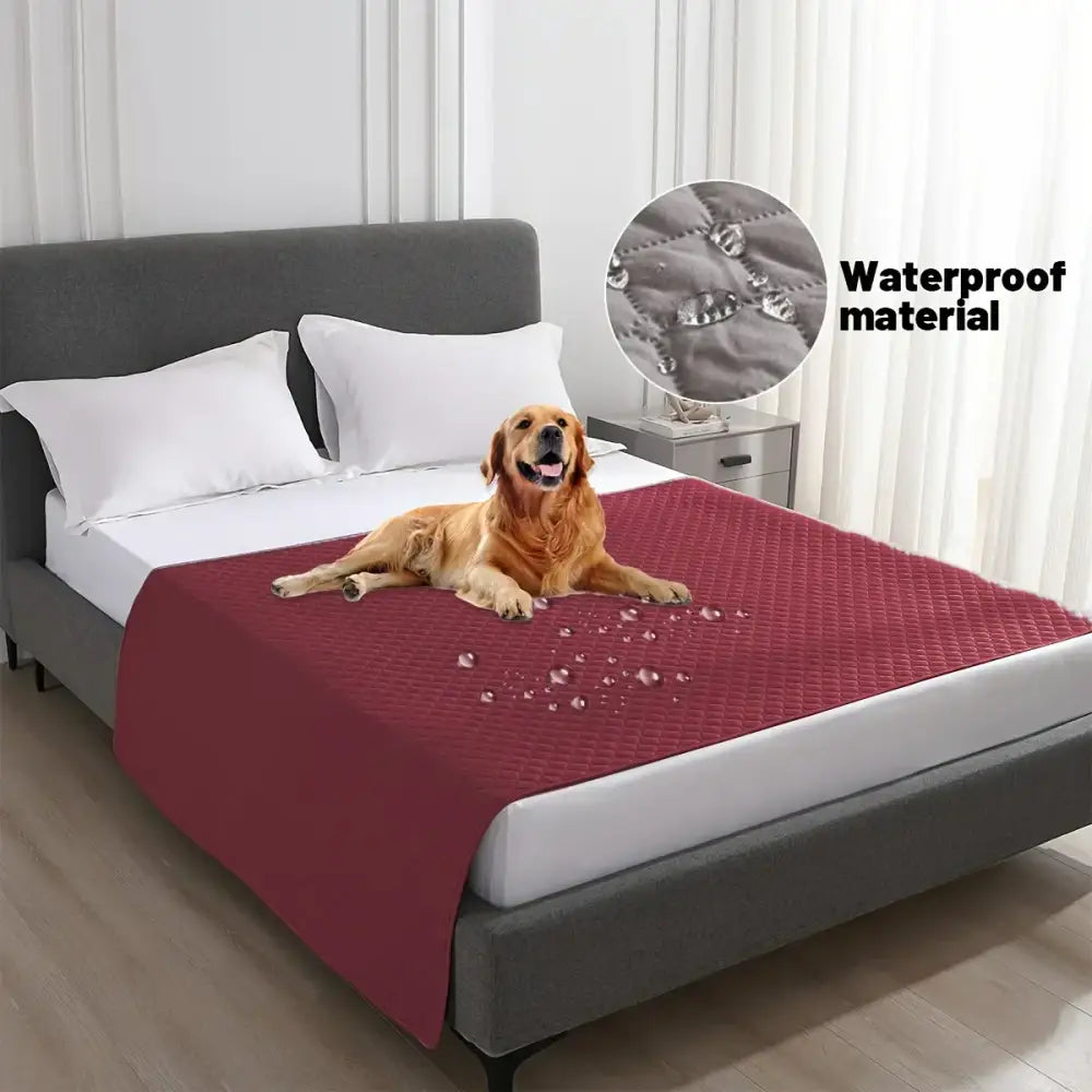 Burgundy quilted waterproof dog bed cover with diamond-stitched pattern and non slip gray backing for bedroom use