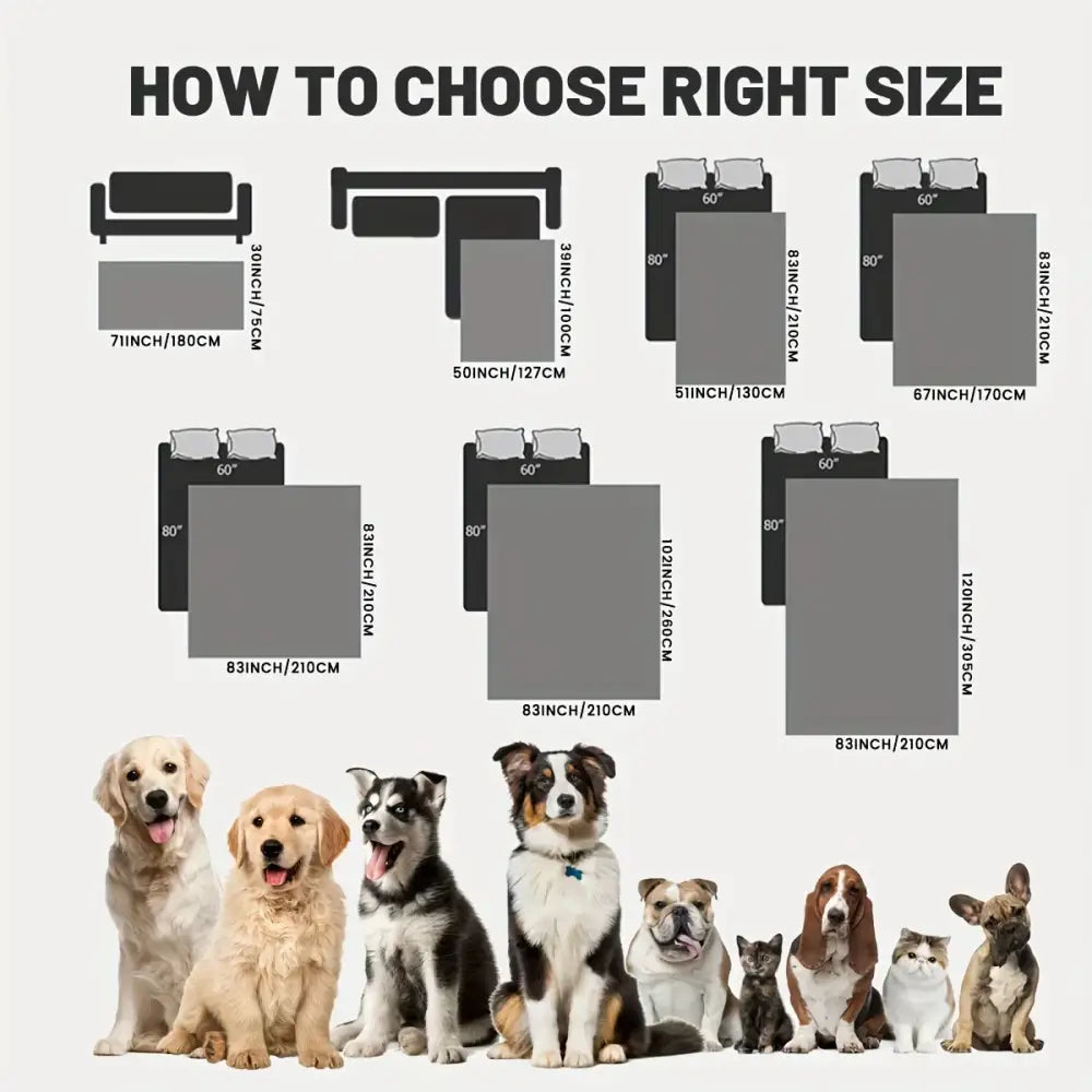Guide chart showing how to choose the right size dog bed cover for various bed sizes with images of dog breeds