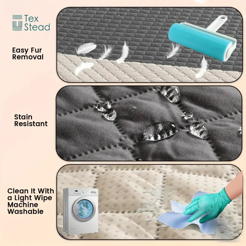 A teal cylindrical lint roller with white handle placed on a quilted gray waterproof non slip dog bed cover