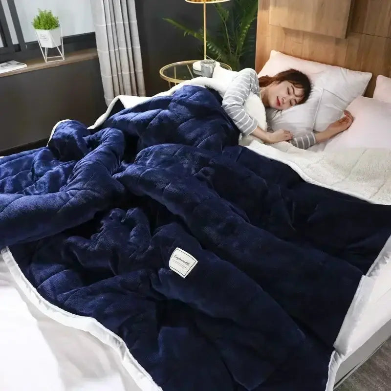 Deep navy coral fleece blanket with soft white lining and embroidered label by decorbites cozy for bedroom bedding