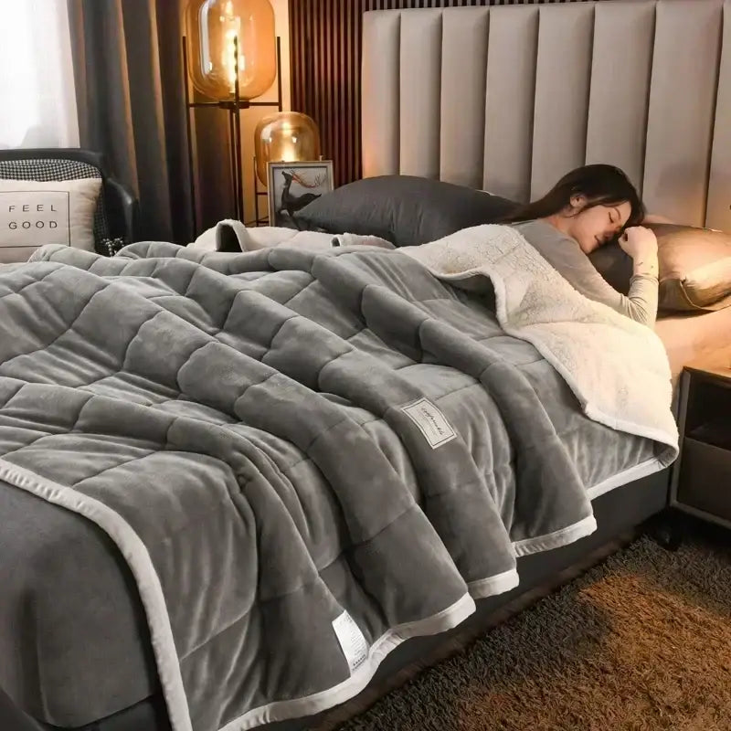 Gray quilted coral fleece blanket with soft plush texture and white trim ideal for decorbites cozy bedroom bedding