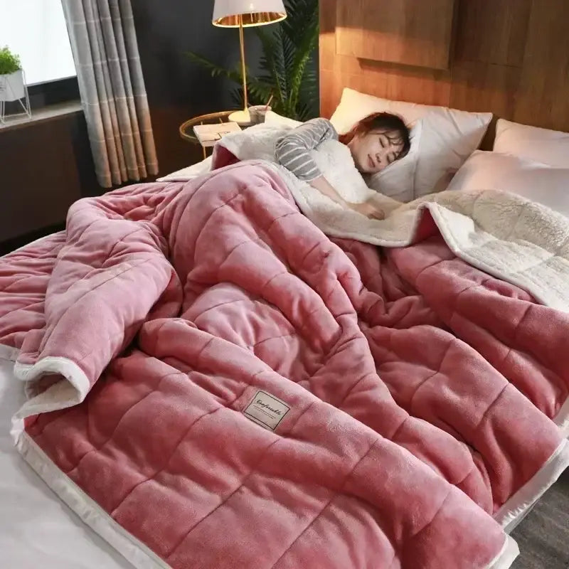 Pink plush quilt with white fleece lining and stitched panels for decorbites cozy coral fleece blanket bedroom bedding