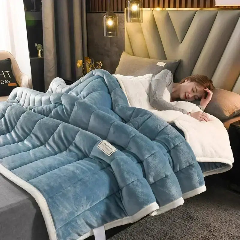 A plush quilted light blue and white coral fleece blanket with a soft textured surface by decorbites cozy