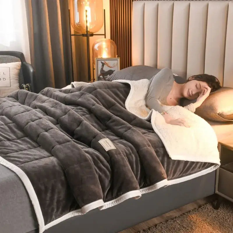 A plush dark gray quilted bed blanket with soft white cozy coral fleece lining and trim from decorbites cozy coral