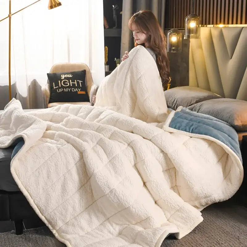 Cream-colored plush quilted bed blanket with blue velvet trim made of decorbites cozy coral fleece for bedroom use