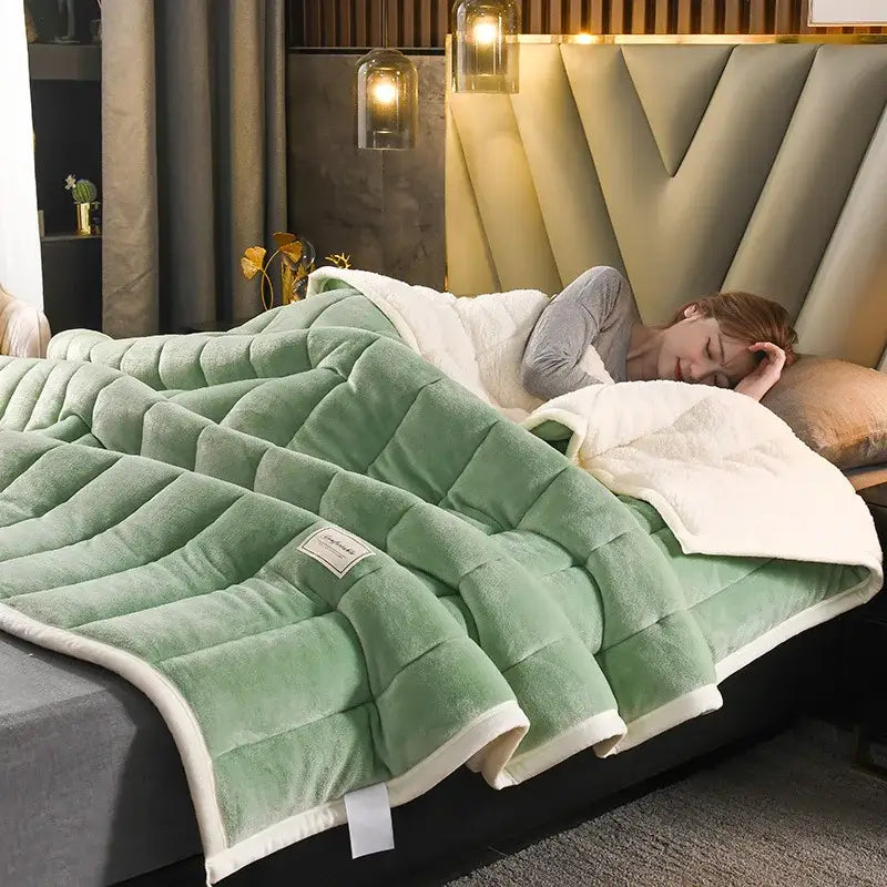 A quilted green and white cozy coral fleece bed blanket with a plush texture and diamond stitch pattern by decorbites