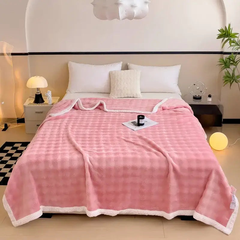 Pink checkered fleece blanket with white fluffy trim made of decorbites imitation rabbit velvet for warm bedroom use