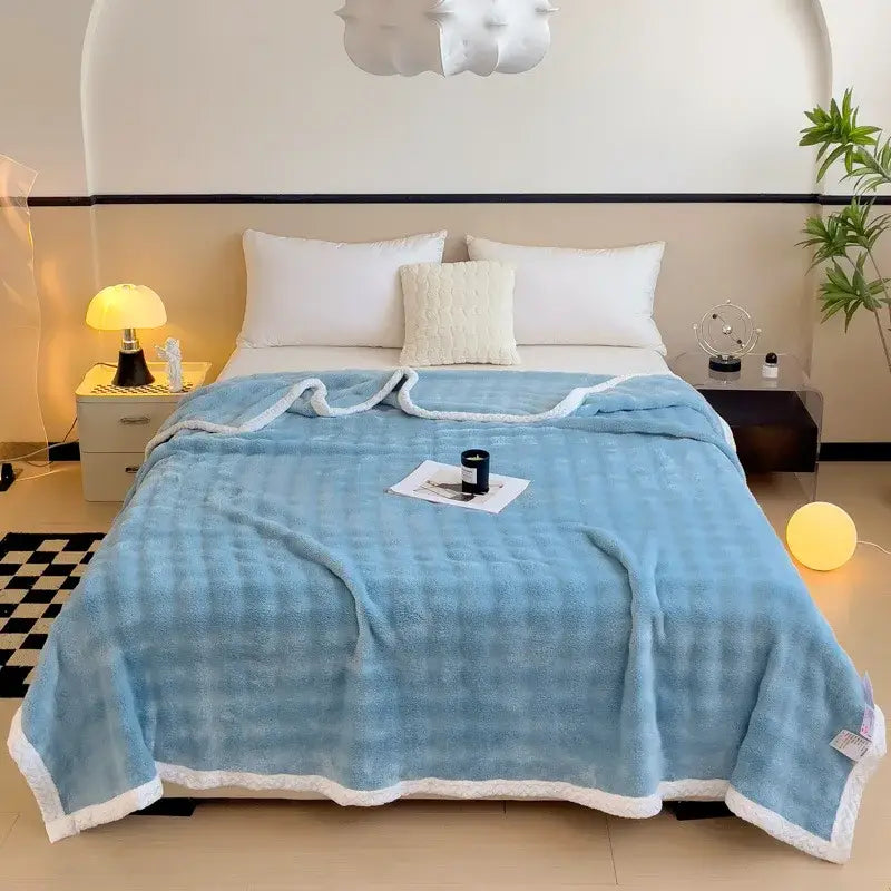 Light blue quilted throw blanket with white fleece trim made of imitation rabbit velvet for warm bedroom decorbites imitation rabbit