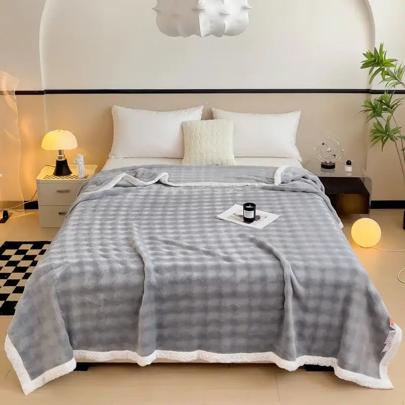 Quilted light blue and white bedroom blanket with gray checkered fleece and decorbites imitation rabbit velvet trim