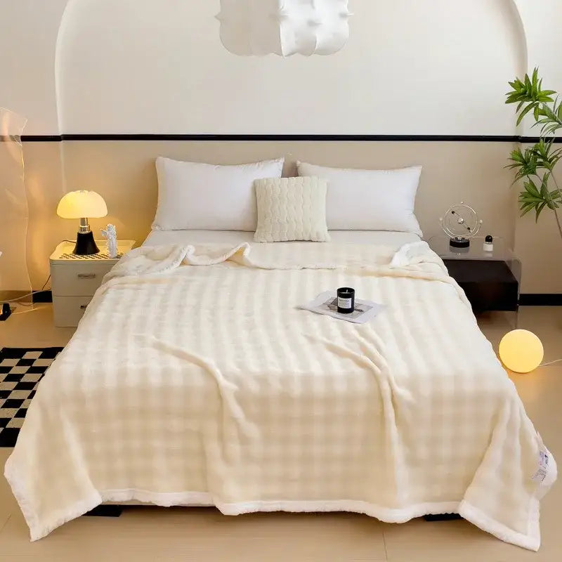 Cream-colored plush fleece blanket with soft stripes and cozy white lining featuring decorbites imitation rabbit velvet warmth