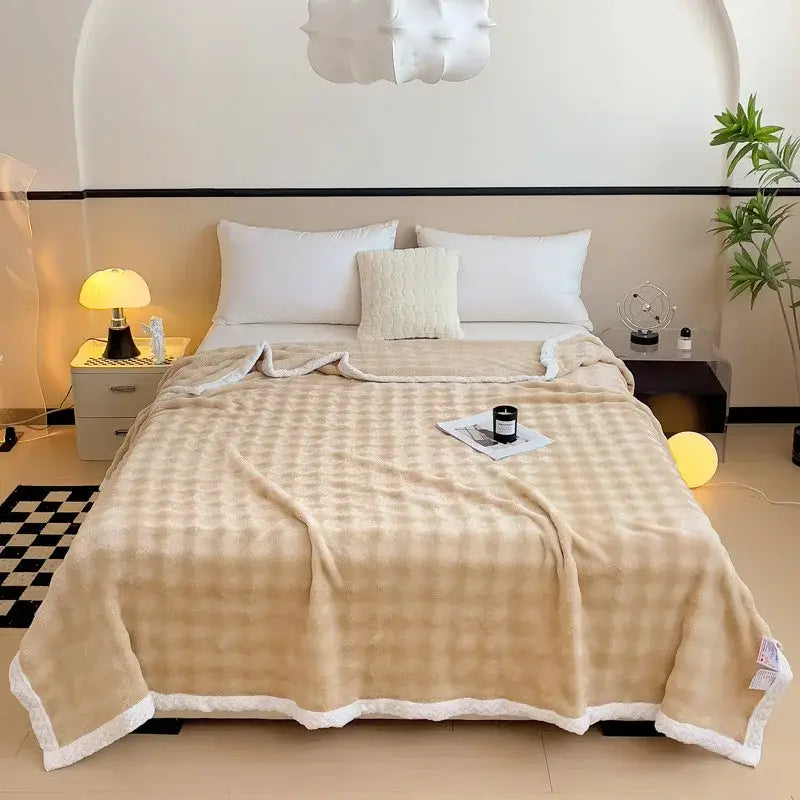 Beige checkered fleece blanket with white decorbites imitation rabbit velvet trim for warm bedroom decor