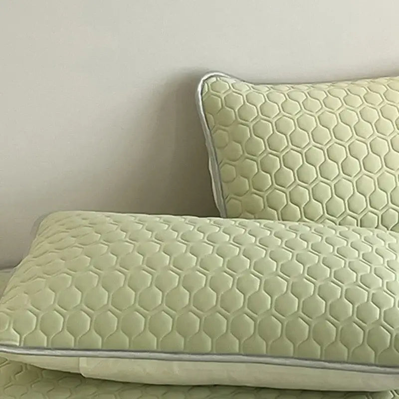 Light green quilted pillow sham with honeycomb texture and silver piping for decorbites cooling mat bedding set