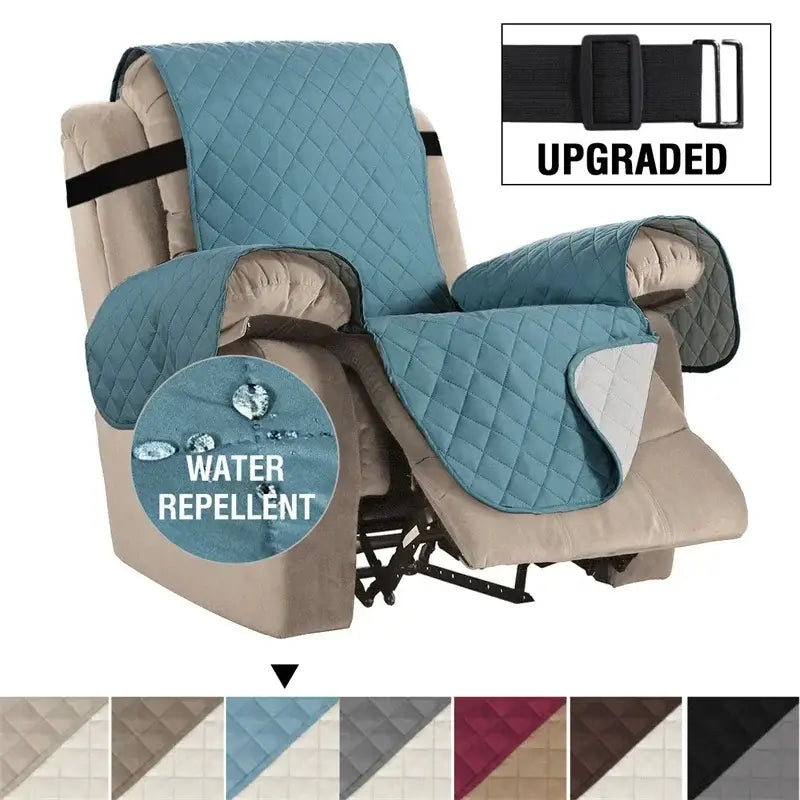 Teal quilted fabric recliner slipcover with black adjustable straps and water repellent finish for living room use