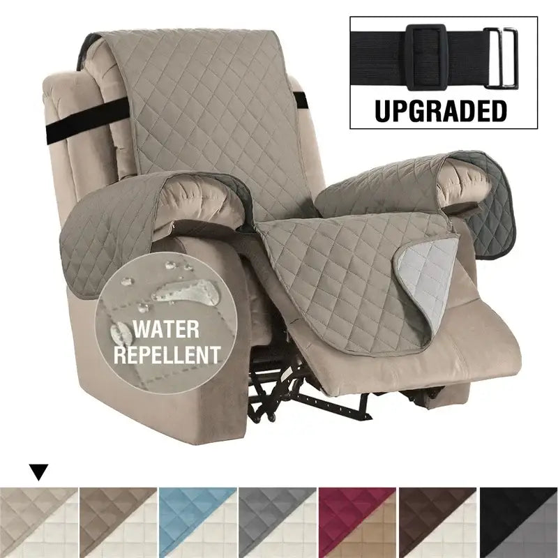 Beige quilted recliner chair cover with black adjustable straps made of water-repellent fabric for living room use