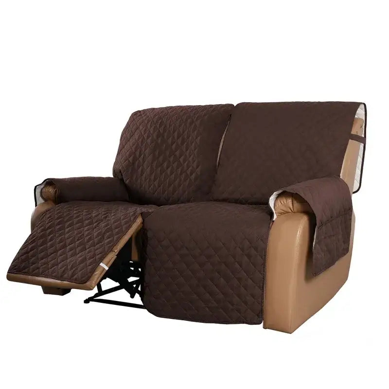Brown quilted fabric sofa cover with diamond stitching and white inner lining for recliner slipcover use