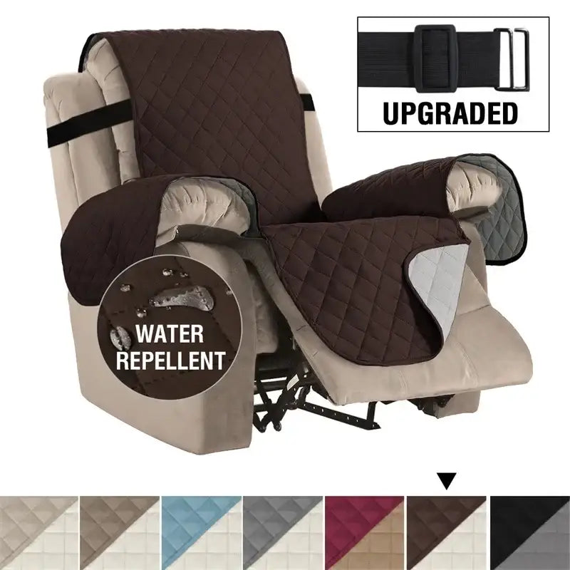 Brown quilted recliner chair cover with black adjustable straps and water repellent fabric for living room use