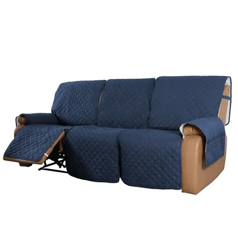 Deep navy quilted sofa cover with diamond-stitched pattern and plush lining for recliner slipcover use