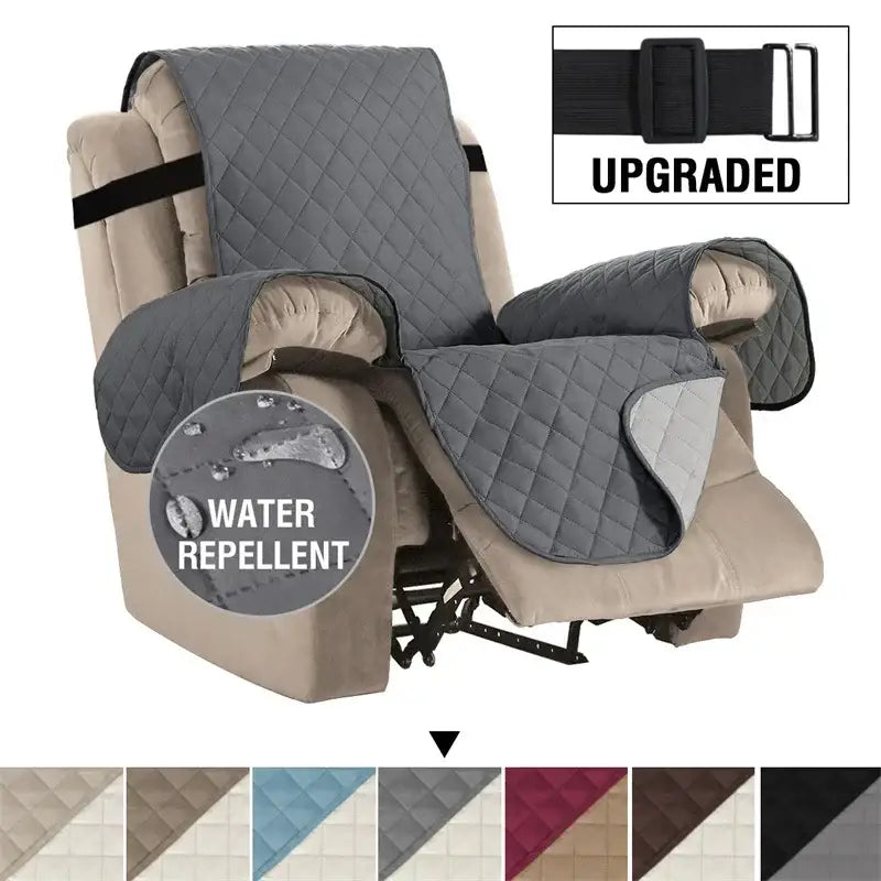 Gray quilted recliner chair cover with black adjustable straps and water repellent fabric for living room use