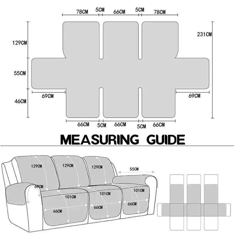 Three-seater sofa cover in gray fabric with precise measurements for a tailored fit for a quilted teal recliner slipcover