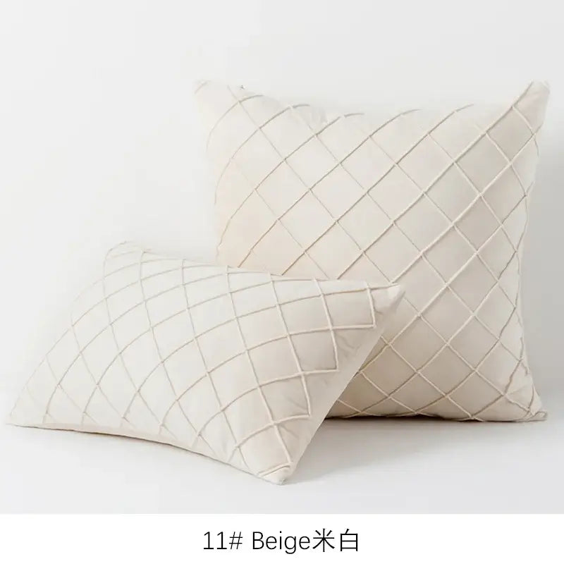 Beige quilted velvet lattice cushion cover with subtle embroidered diamond pattern for living room decor