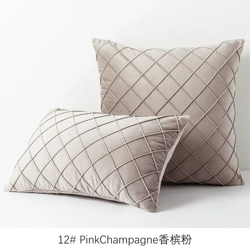 Beige velvet cushion cover with subtle diamond quilted embroidered lattice pattern for living room decor