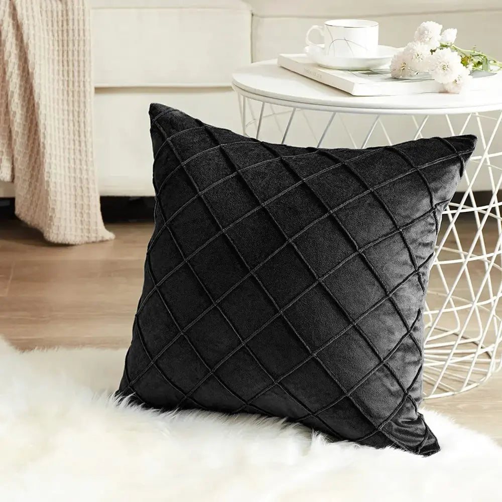 Black velvet cushion cover with quilted diamond embroidered lattice pattern for living room decor