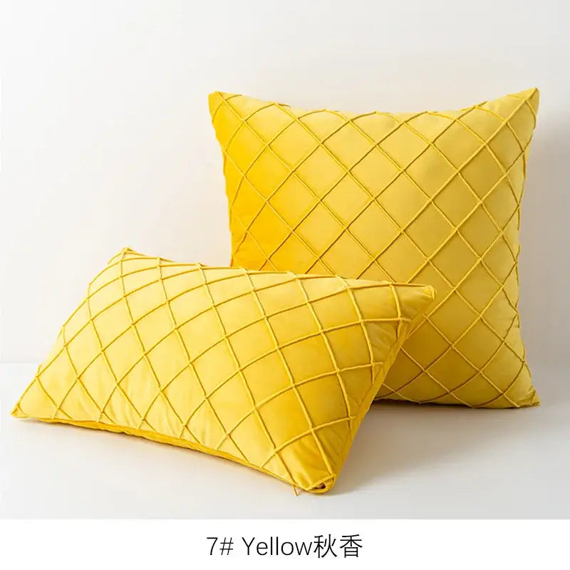Bright yellow velvet cushion cover with quilted diamond embroidery for living room lattice cushion cover