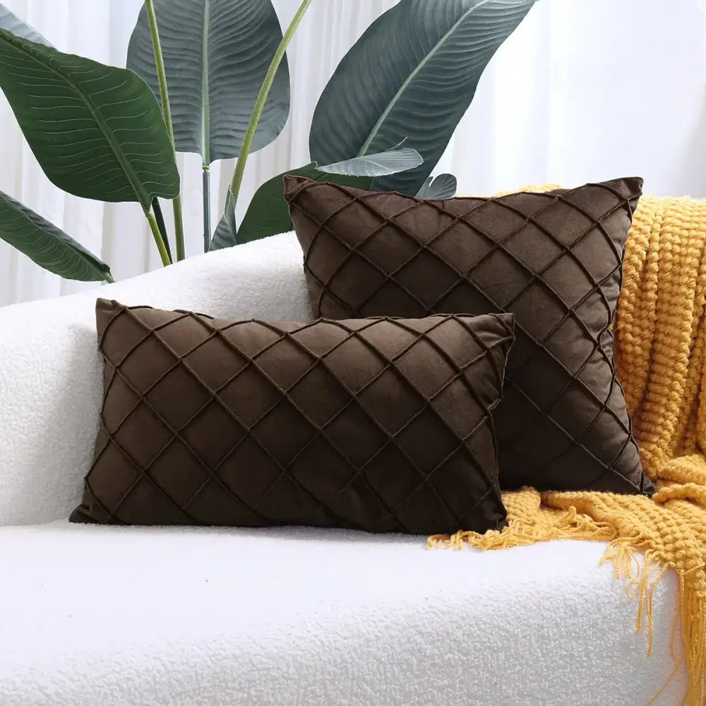 Brown rectangular quilted velvet lattice cushion cover with diamond-patterned pleated design for living room use