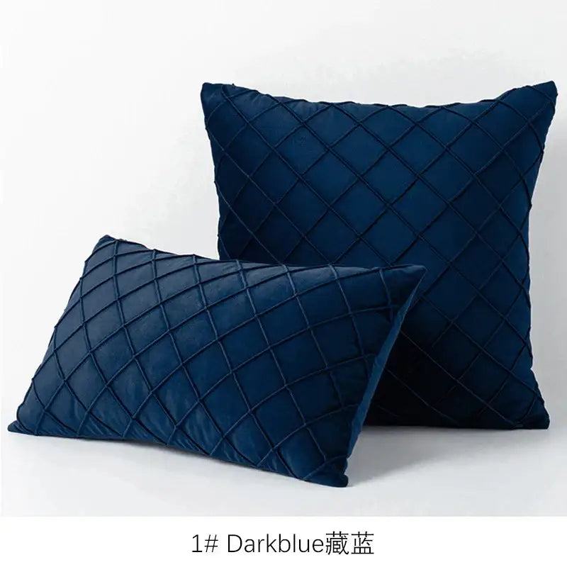 Dark blue velvet quilted lattice cushion cover featuring an embroidered diamond pattern for living room use